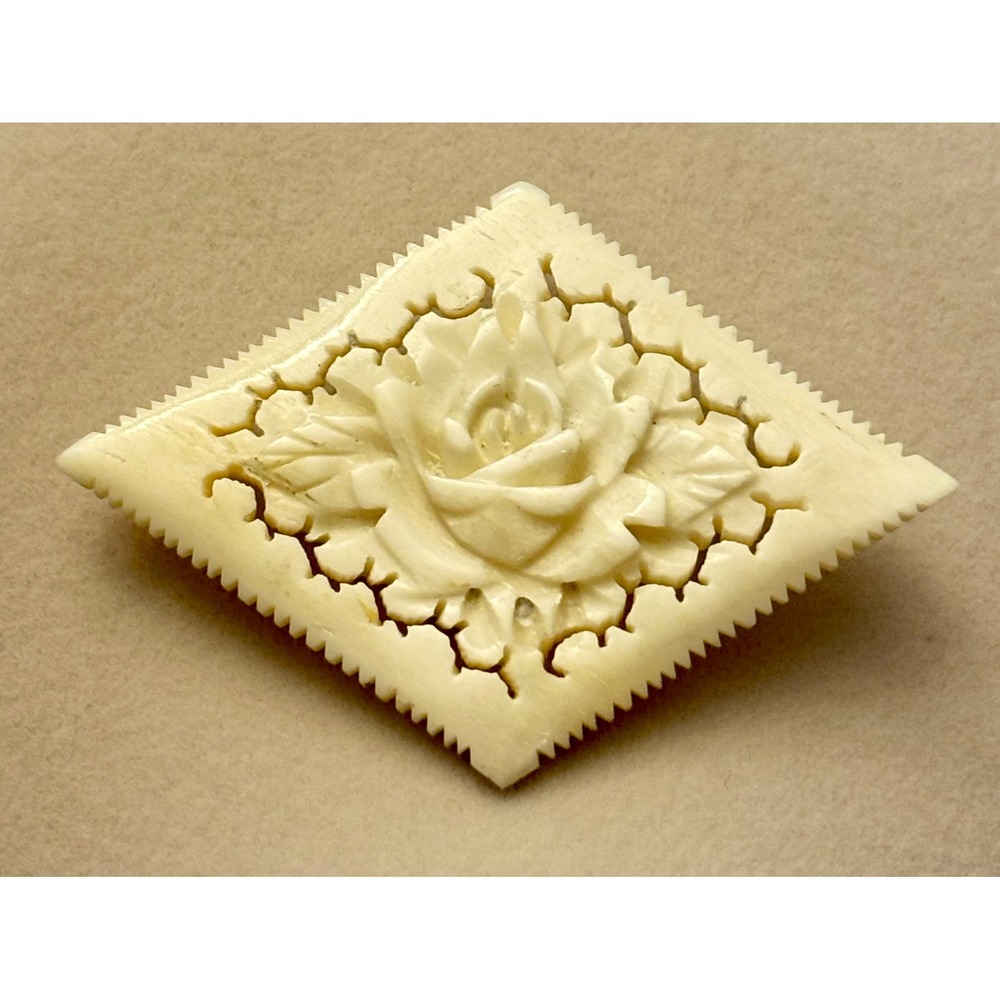 Vintage Victorian Rose Brooch Hand Carved Diamond Openwork Pin